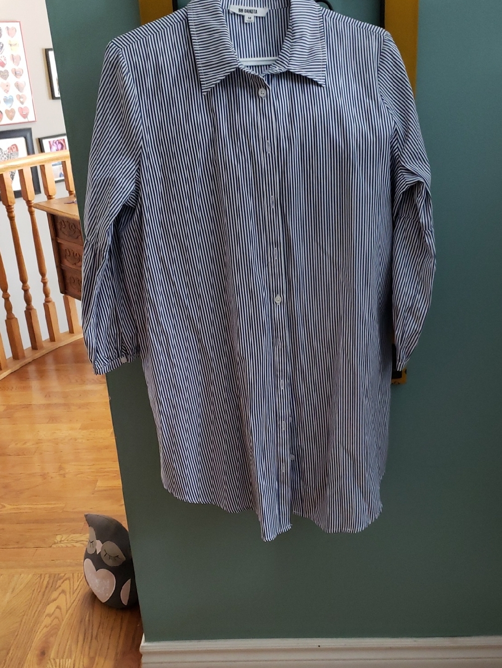 BB Dakota Navy and White Narrow-Striped Button Front Blouse